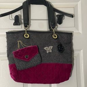 Betsey Johnson Hot Pink Quilted & Gray Purse with Small Outer Purse and Brooches